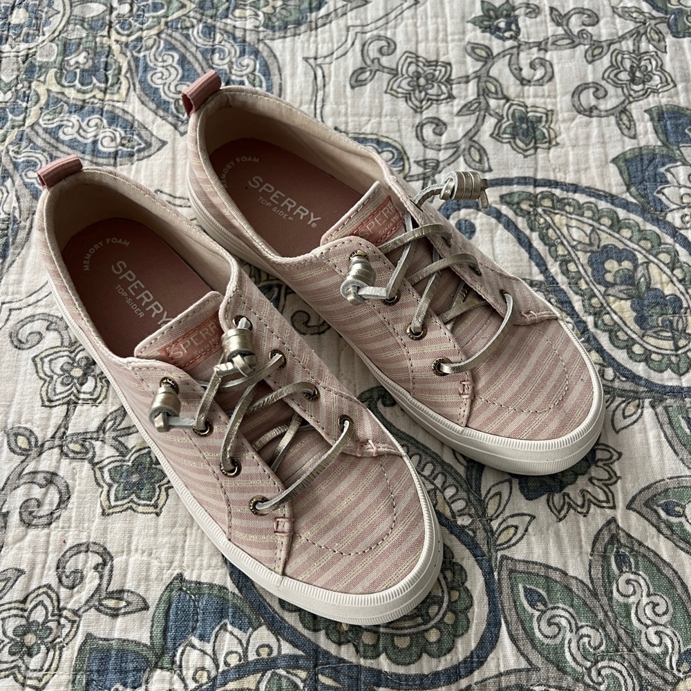 Sperry Topsiders boat sneakers pink and gold stripe with laces.